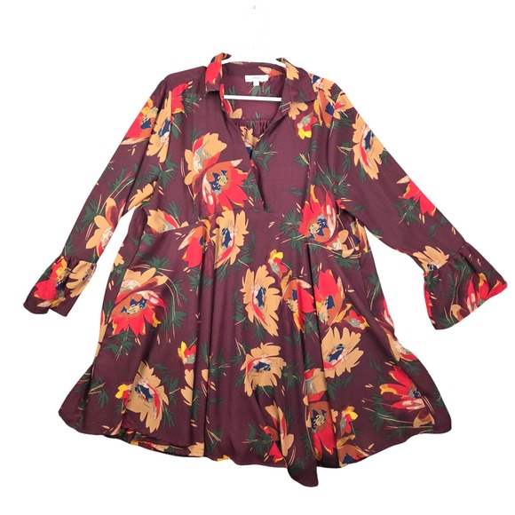 Umgee Mini Dress Women 1XL Brown Floral Print Bell Sleeve Artsy Boho Casual - Picture 1 of 10